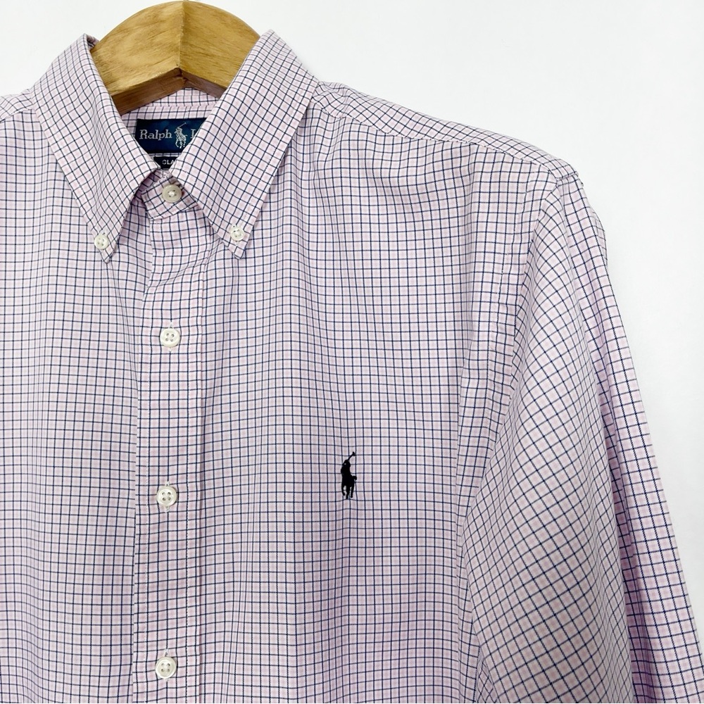 Ralph Lauren Men's Pink and Navy Plaid Cotton Shirt‎ Classic Fit Size 17 Neck